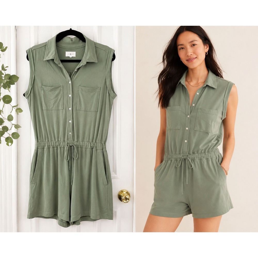 Lou‎ & Grey Olive Green Sleeveless Button Front Drawstring Waist Romper Small